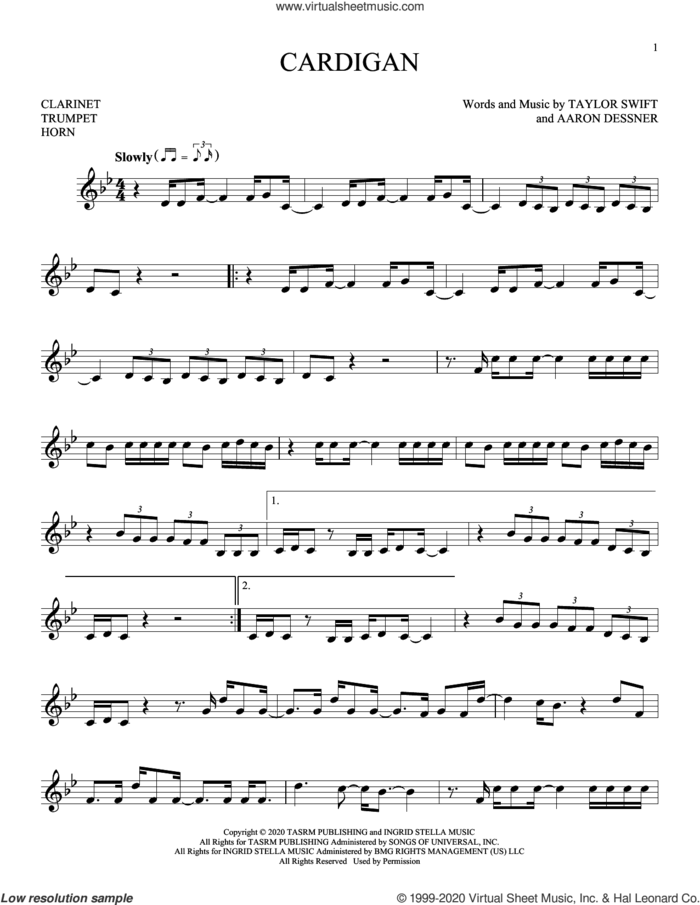 cardigan sheet music for Solo Instrument (treble clef low) by Taylor Swift and Aaron Dessner, intermediate skill level
