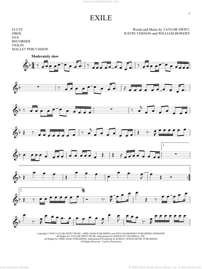 exile (feat. Bon Iver) sheet music for Solo Instrument (treble clef high) by Taylor Swift, Justin Vernon and William Bowery, intermediate skill level