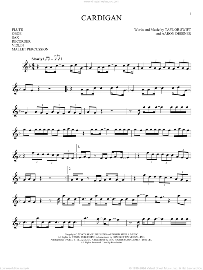 cardigan sheet music for Solo Instrument (treble clef high) by Taylor Swift and Aaron Dessner, intermediate skill level
