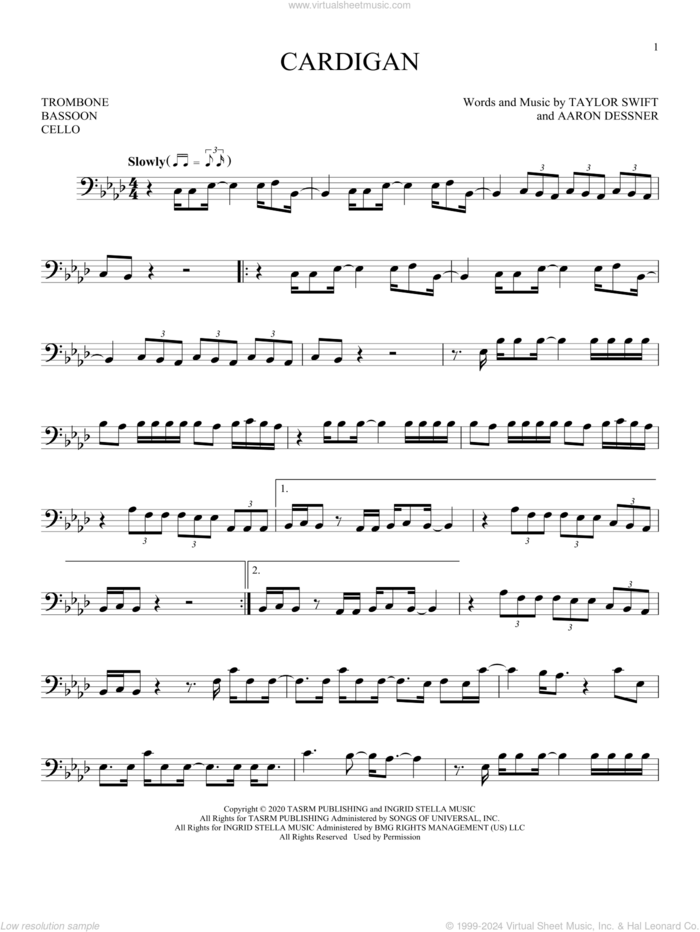 cardigan sheet music for Solo Instrument (bass clef) by Taylor Swift and Aaron Dessner, intermediate skill level