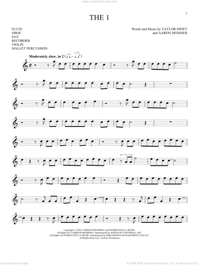 the 1 sheet music for Solo Instrument (treble clef high) by Taylor Swift and Aaron Dessner, intermediate skill level