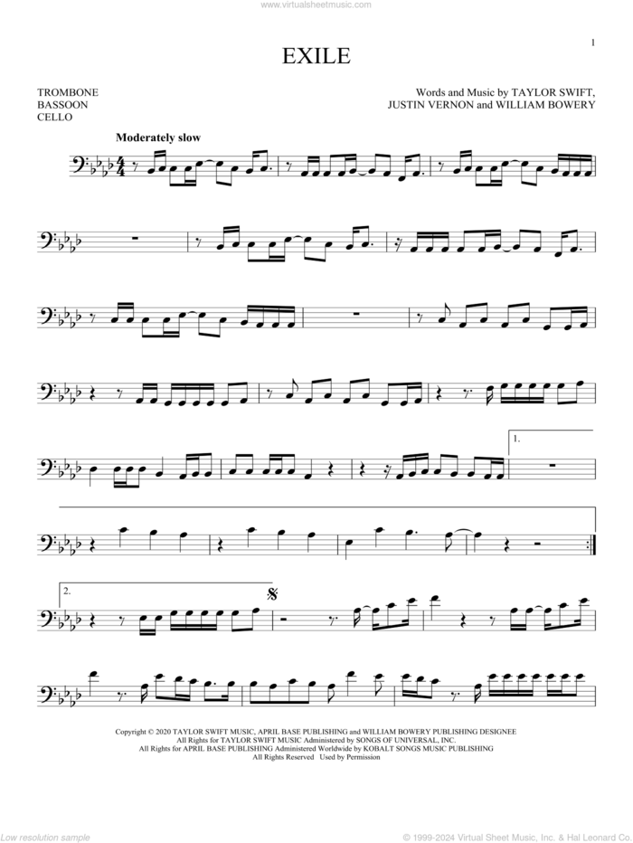 exile (feat. Bon Iver) sheet music for Solo Instrument (bass clef) by Taylor Swift, Justin Vernon and William Bowery, intermediate skill level