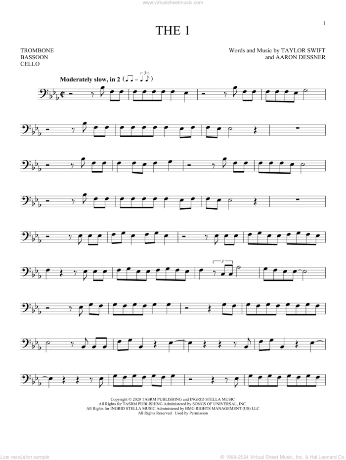 the 1 sheet music for Solo Instrument (bass clef) by Taylor Swift and Aaron Dessner, intermediate skill level