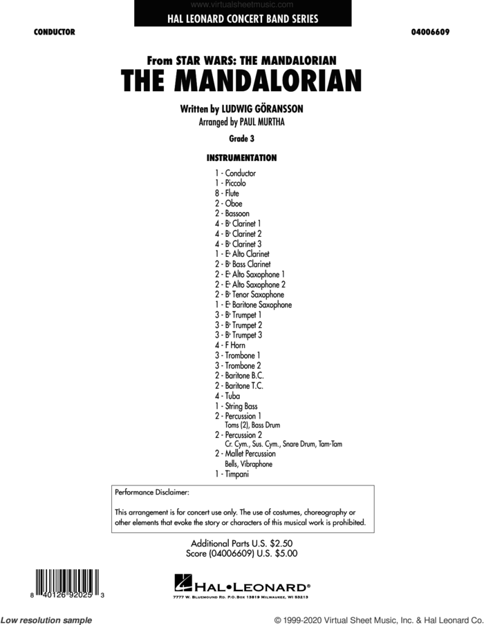 The Mandalorian (from Star Wars: The Mandalorian) (arr. Paul Murtha) (COMPLETE) sheet music for concert band by Paul Murtha and Ludwig Goransson and Ludwig Goransson, intermediate skill level
