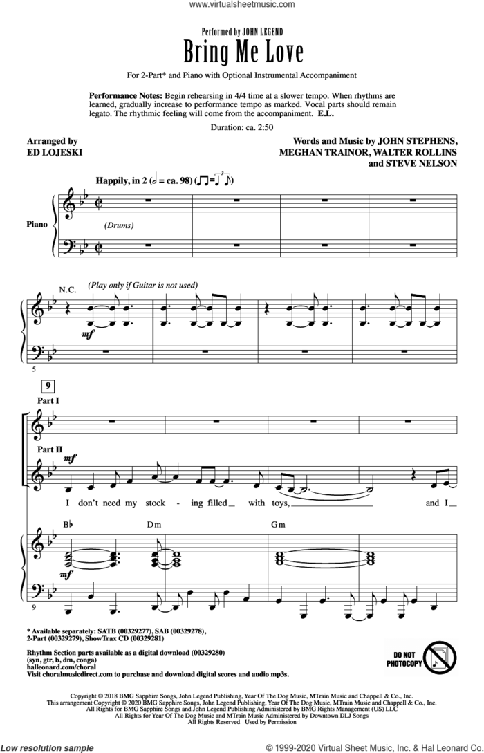 Bring Me Love (arr. Ed Lojeski) sheet music for choir (2-Part) by John Legend, Ed Lojeski, John Stephens, Meghan Trainor, Steve Nelson and Walter Rollins, intermediate duet