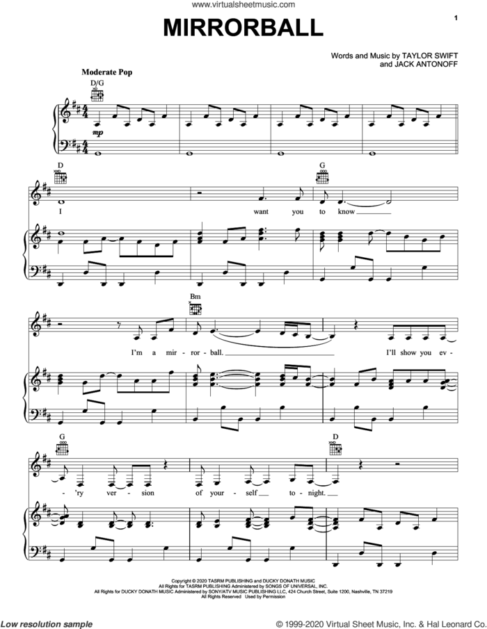 mirrorball sheet music for voice, piano or guitar by Taylor Swift and Jack Antonoff, intermediate skill level