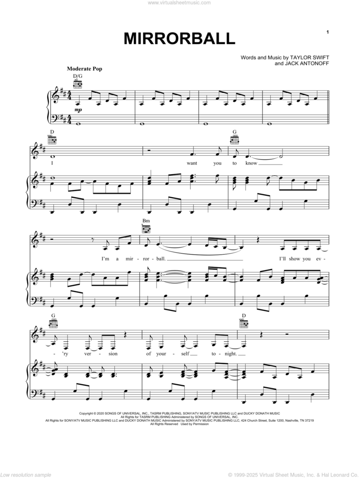 mirrorball sheet music for voice, piano or guitar by Taylor Swift and Jack Antonoff, intermediate skill level