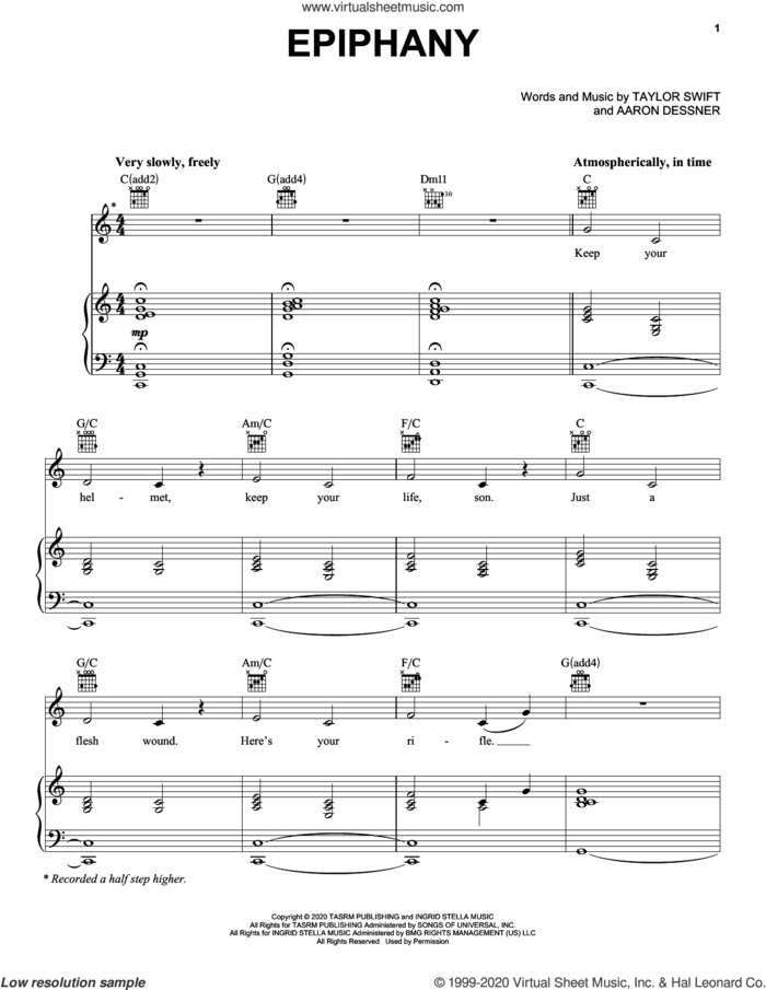 epiphany sheet music for voice, piano or guitar by Taylor Swift and Aaron Dessner, intermediate skill level