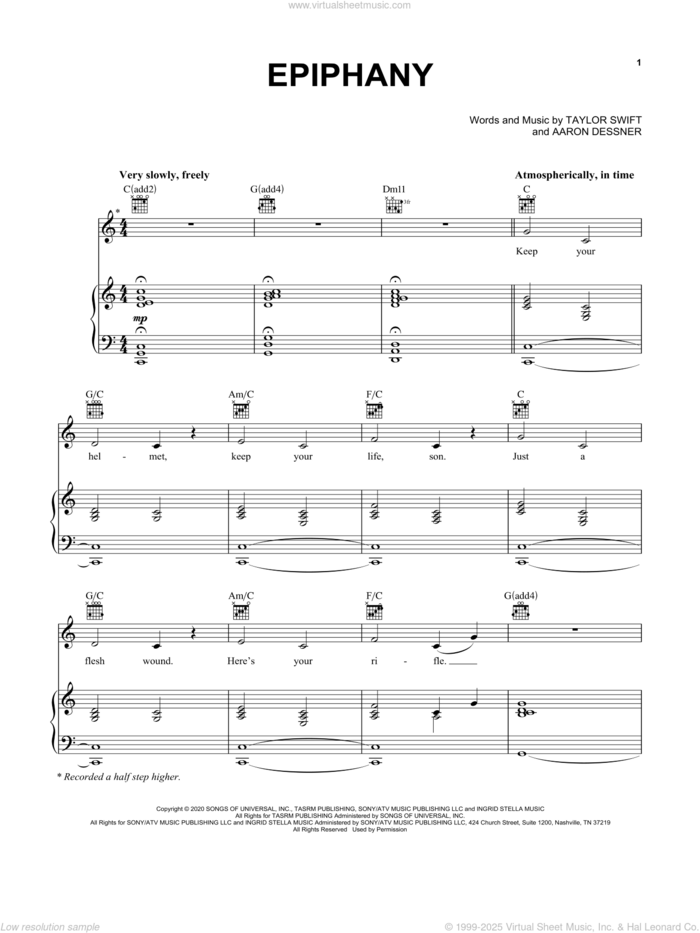 epiphany sheet music for voice, piano or guitar by Taylor Swift and Aaron Dessner, intermediate skill level