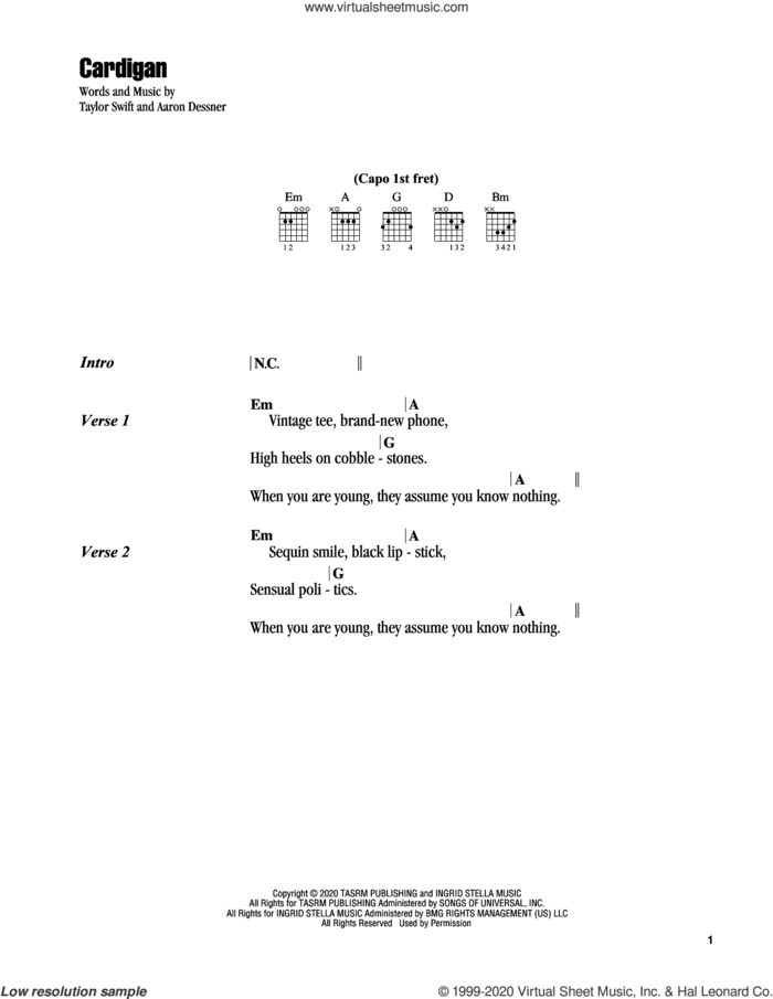 cardigan sheet music for guitar (chords) by Taylor Swift and Aaron Dessner, intermediate skill level