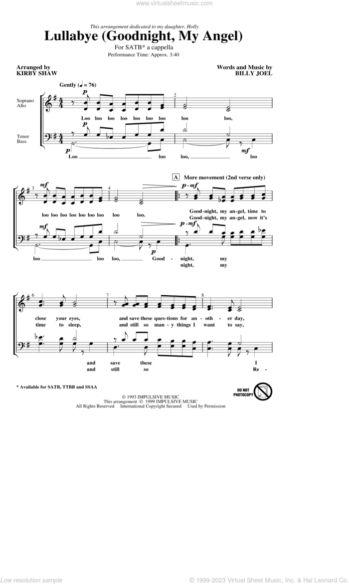 Lullabye (Goodnight, My Angel) (arr. Kirby Shaw) sheet music for choir (SATB: soprano, alto, tenor, bass) by Billy Joel and Kirby Shaw, intermediate skill level