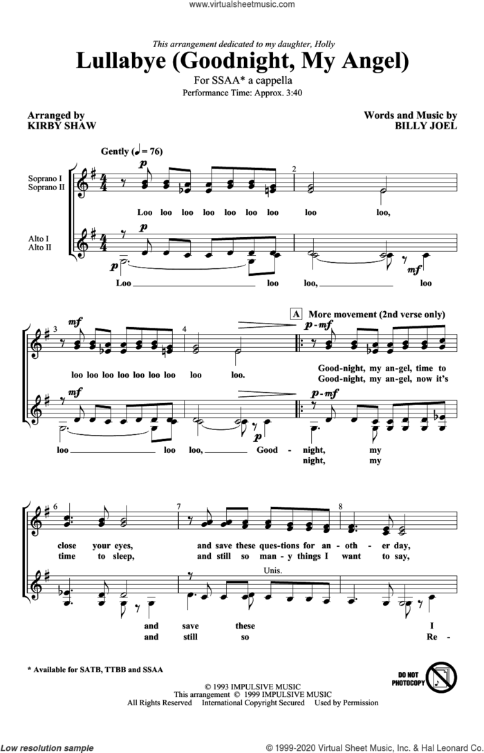 Lullabye (Goodnight, My Angel) (arr. Kirby Shaw) sheet music for choir (SSAA: soprano, alto) by Billy Joel and Kirby Shaw, intermediate skill level