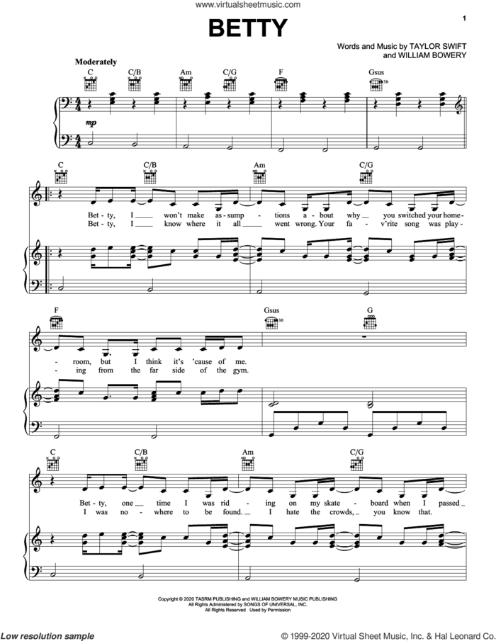 betty sheet music for voice, piano or guitar by Taylor Swift and William Bowery, intermediate skill level