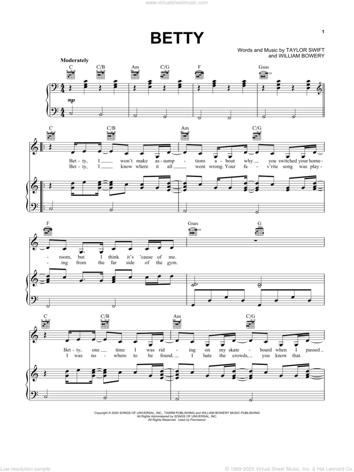 betty sheet music for voice, piano or guitar by Taylor Swift and William Bowery, intermediate skill level