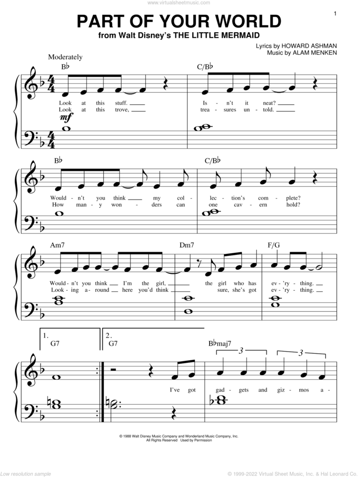 Part Of Your World (from The Little Mermaid) sheet music for piano solo (big note book) by Alan Menken, The Little Mermaid (Movie), Alan Menken & Howard Ashman and Howard Ashman, easy piano (big note book)