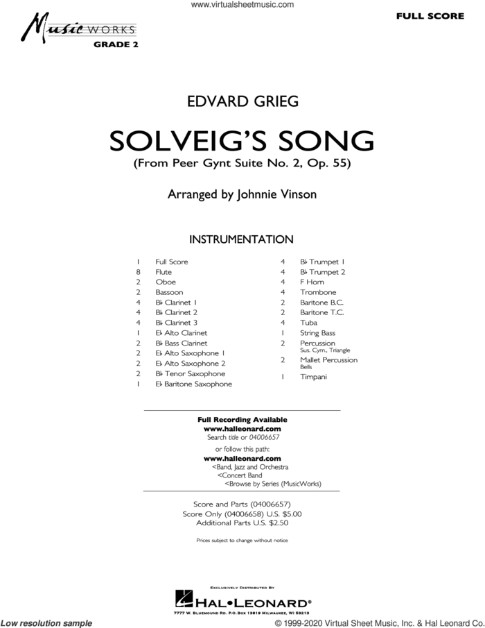 Solveig's Song (from Peer Gynt Suite No. 2) (arr. Johnny Vinson) sheet music for concert band (full score) by Edvard Grieg, Johnnie Vinson and Henrick Ibssen, intermediate skill level