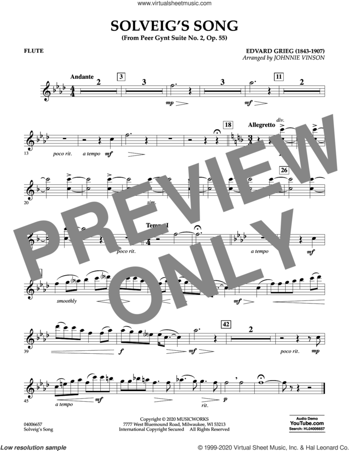 Solveig's Song (from Peer Gynt Suite No. 2) (arr. Johnny Vinson) sheet music for concert band (flute) by Edvard Grieg, Johnnie Vinson and Henrick Ibssen, intermediate skill level