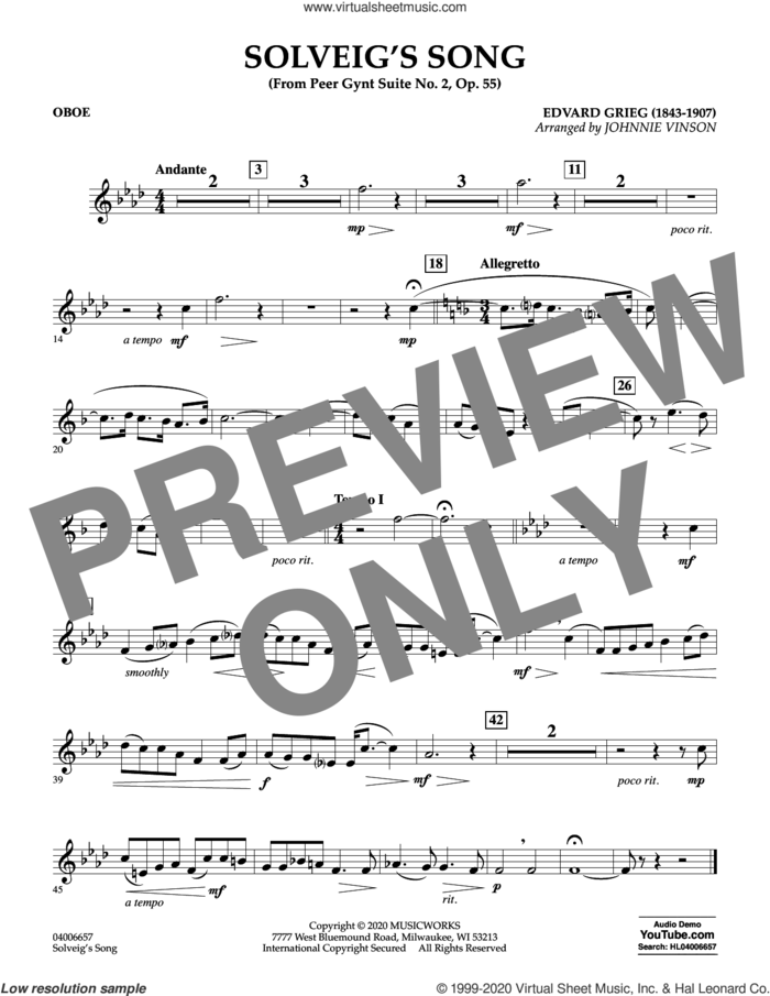 Solveig's Song (from Peer Gynt Suite No. 2) (arr. Johnny Vinson) sheet music for concert band (oboe) by Edvard Grieg, Johnnie Vinson and Henrick Ibssen, intermediate skill level