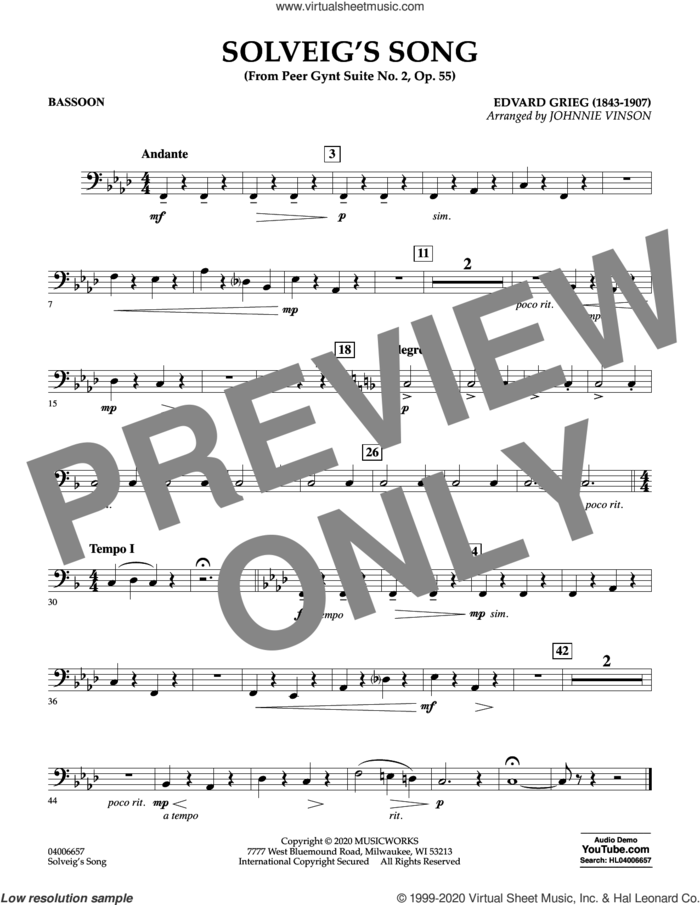 Solveig's Song (from Peer Gynt Suite No. 2) (arr. Johnny Vinson) sheet music for concert band (bassoon) by Edvard Grieg, Johnnie Vinson and Henrick Ibssen, intermediate skill level