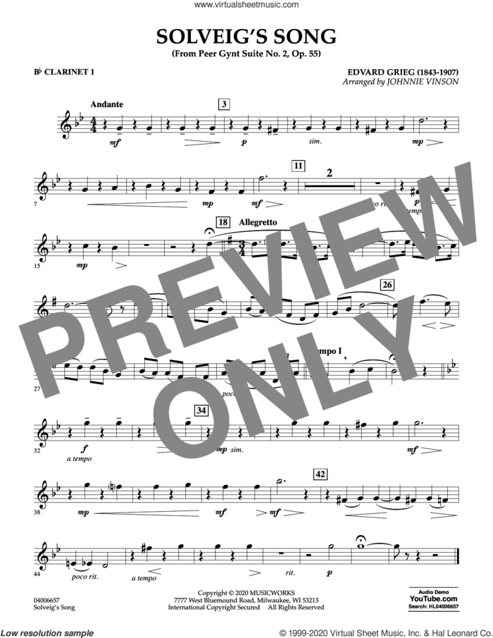 Solveig's Song (from Peer Gynt Suite No. 2) (arr. Johnny Vinson) sheet music for concert band (Bb clarinet 1) by Edvard Grieg, Johnnie Vinson and Henrick Ibssen, intermediate skill level