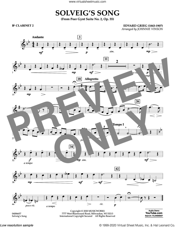 Solveig's Song (from Peer Gynt Suite No. 2) (arr. Johnny Vinson) sheet music for concert band (Bb clarinet 2) by Edvard Grieg, Johnnie Vinson and Henrick Ibssen, intermediate skill level