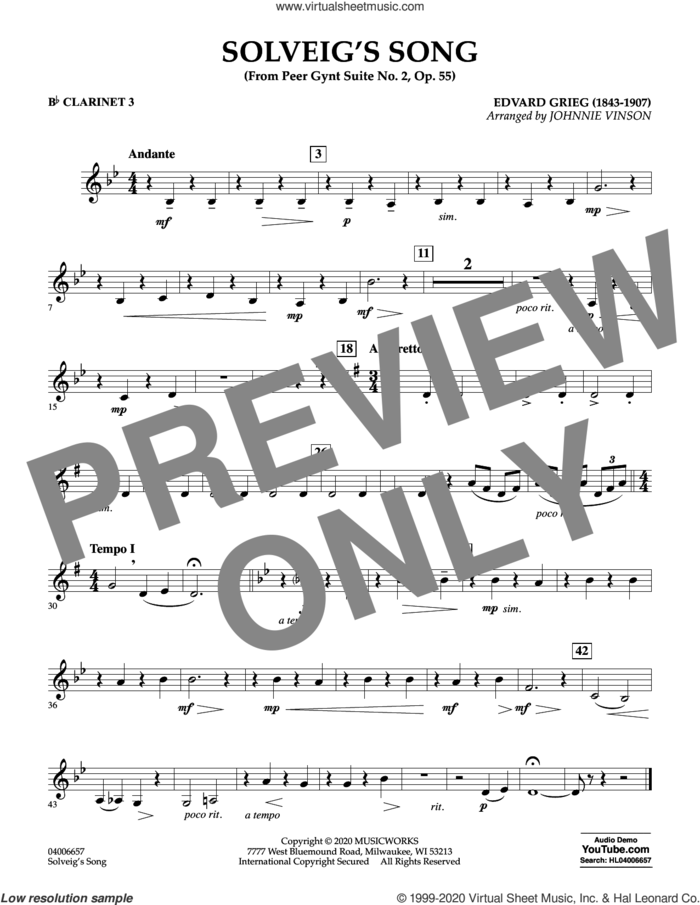 Solveig's Song (from Peer Gynt Suite No. 2) (arr. Johnny Vinson) sheet music for concert band (Bb clarinet 3) by Edvard Grieg, Johnnie Vinson and Henrick Ibssen, intermediate skill level