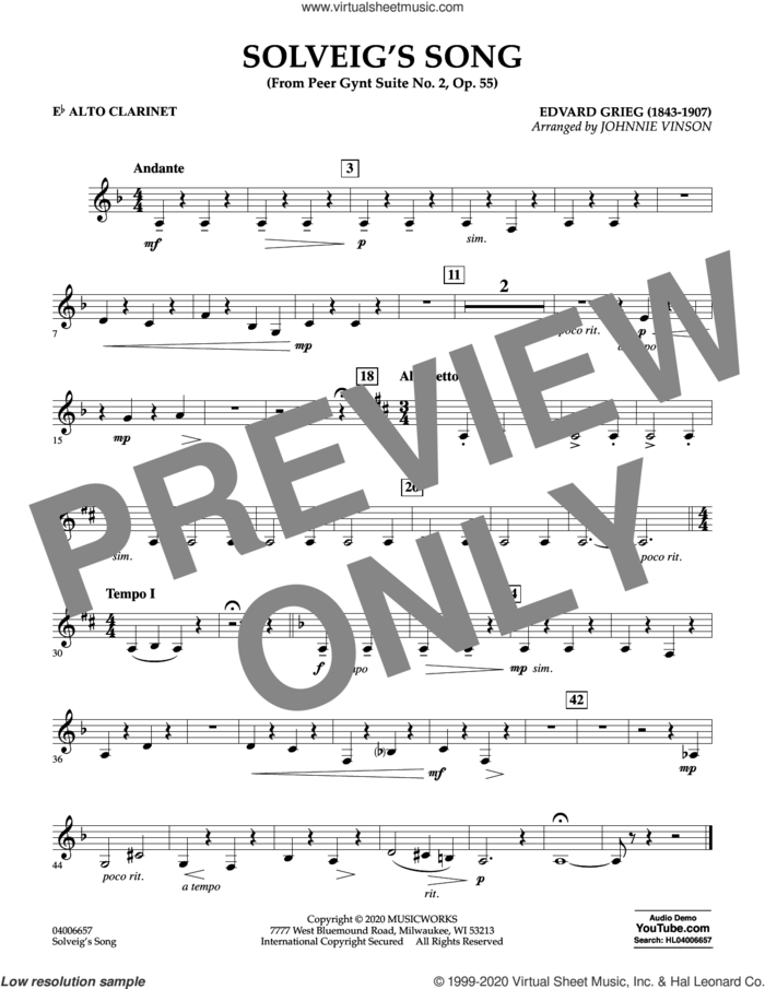 Solveig's Song (from Peer Gynt Suite No. 2) (arr. Johnny Vinson) sheet music for concert band (Eb alto clarinet) by Edvard Grieg, Johnnie Vinson and Henrick Ibssen, intermediate skill level