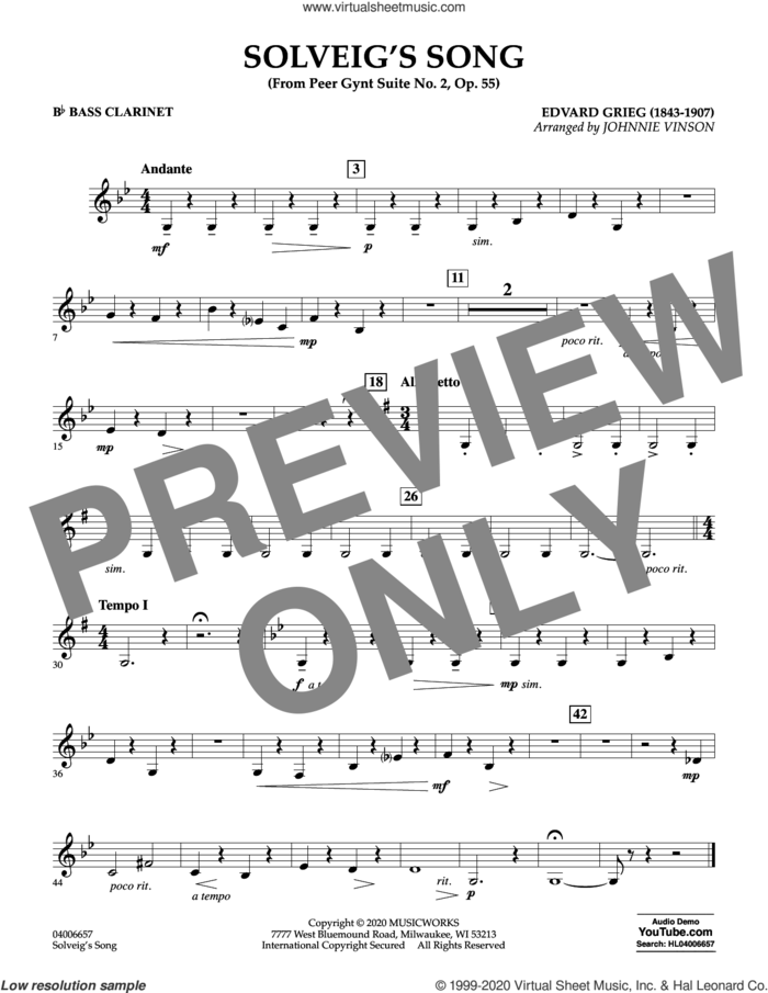 Solveig's Song (from Peer Gynt Suite No. 2) (arr. Johnny Vinson) sheet music for concert band (Bb bass clarinet) by Edvard Grieg, Johnnie Vinson and Henrick Ibssen, intermediate skill level