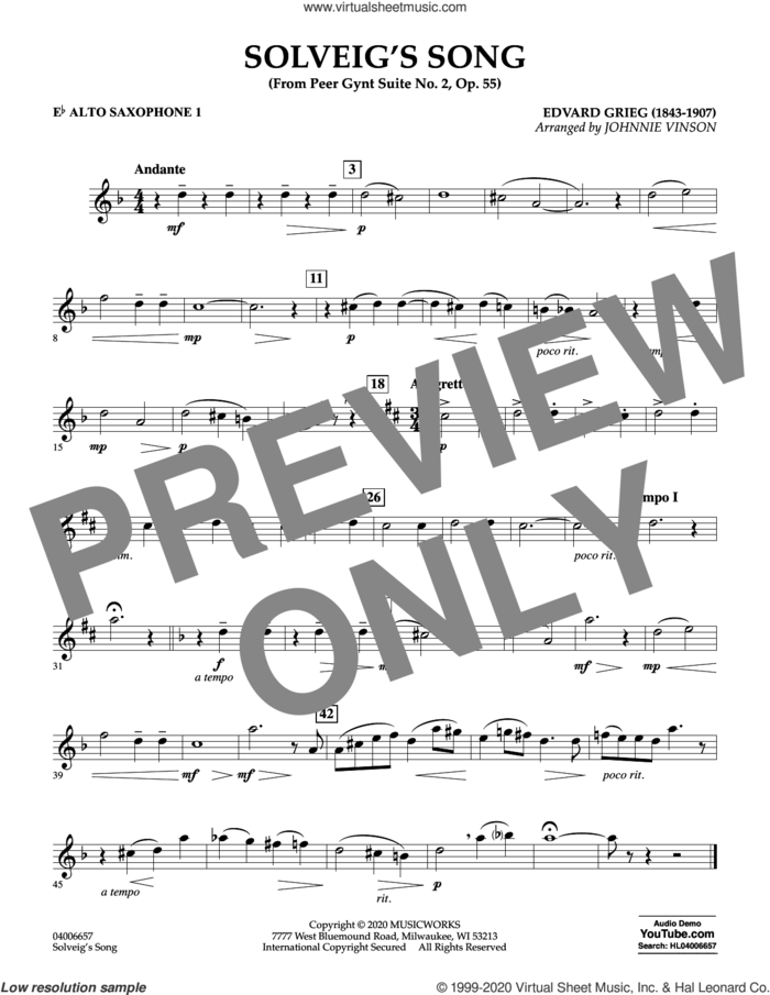 Solveig's Song (from Peer Gynt Suite No. 2) (arr. Johnny Vinson) sheet music for concert band (Eb alto saxophone 1) by Edvard Grieg, Johnnie Vinson and Henrick Ibssen, intermediate skill level