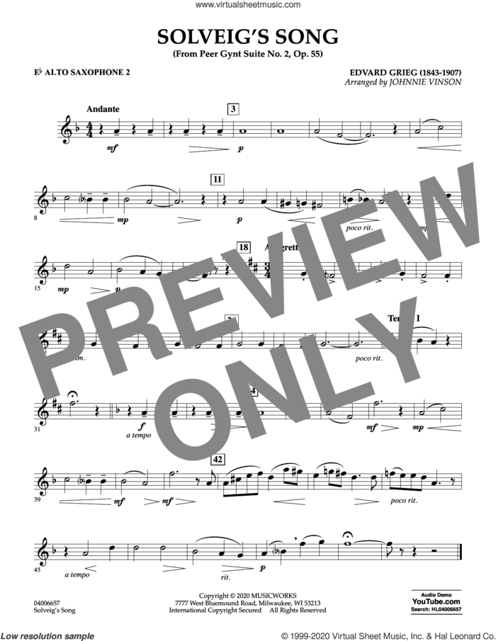Solveig's Song (from Peer Gynt Suite No. 2) (arr. Johnny Vinson) sheet music for concert band (Eb alto saxophone 2) by Edvard Grieg, Johnnie Vinson and Henrick Ibssen, intermediate skill level