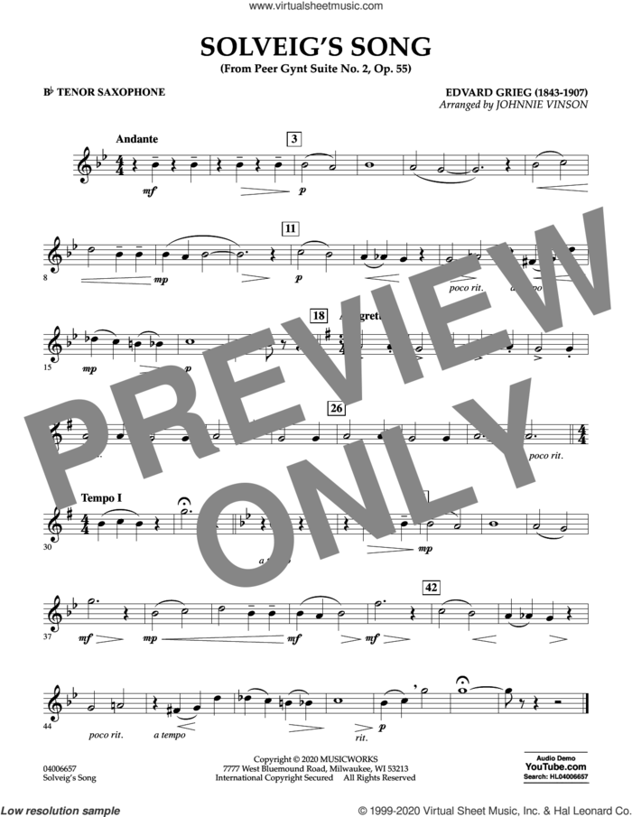 Solveig's Song (from Peer Gynt Suite No. 2) (arr. Johnny Vinson) sheet music for concert band (Bb tenor saxophone) by Edvard Grieg, Johnnie Vinson and Henrick Ibssen, intermediate skill level