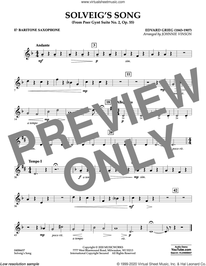 Solveig's Song (from Peer Gynt Suite No. 2) (arr. Johnny Vinson) sheet music for concert band (Eb baritone saxophone) by Edvard Grieg, Johnnie Vinson and Henrick Ibssen, intermediate skill level