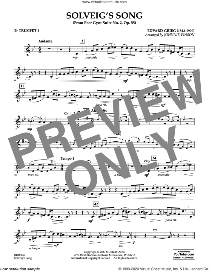 Solveig's Song (from Peer Gynt Suite No. 2) (arr. Johnny Vinson) sheet music for concert band (Bb trumpet 1) by Edvard Grieg, Johnnie Vinson and Henrick Ibssen, intermediate skill level