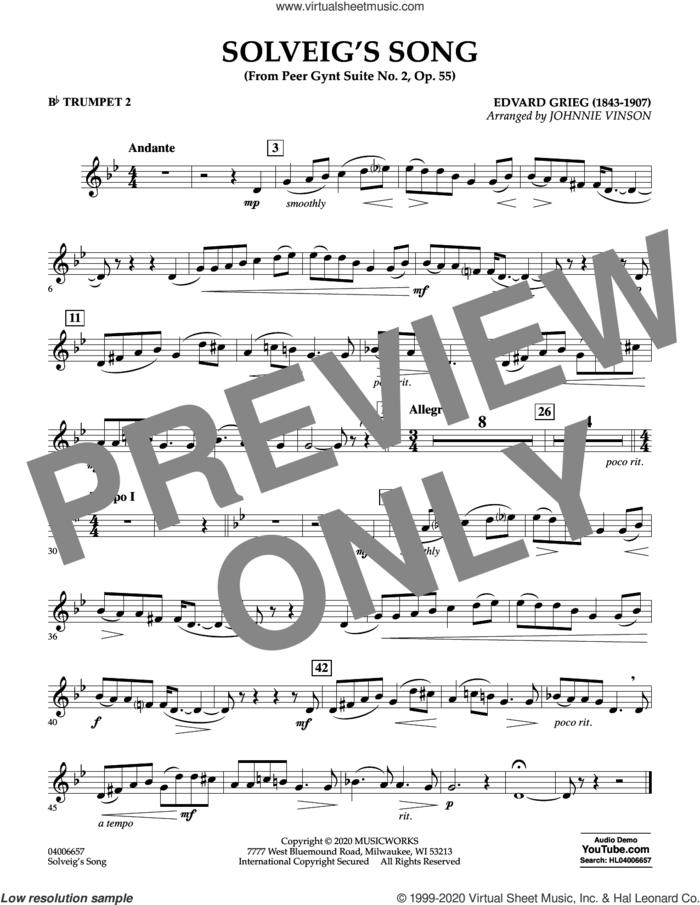 Solveig's Song (from Peer Gynt Suite No. 2) (arr. Johnny Vinson) sheet music for concert band (Bb trumpet 2) by Edvard Grieg, Johnnie Vinson and Henrick Ibssen, intermediate skill level