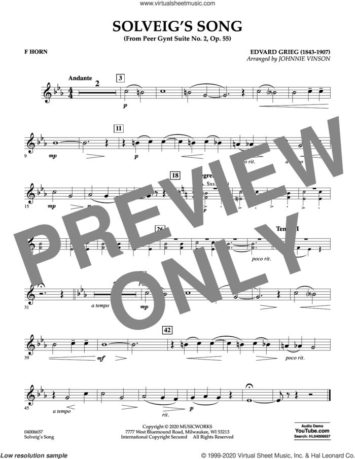 Solveig's Song (from Peer Gynt Suite No. 2) (arr. Johnny Vinson) sheet music for concert band (f horn) by Edvard Grieg, Johnnie Vinson and Henrick Ibssen, intermediate skill level