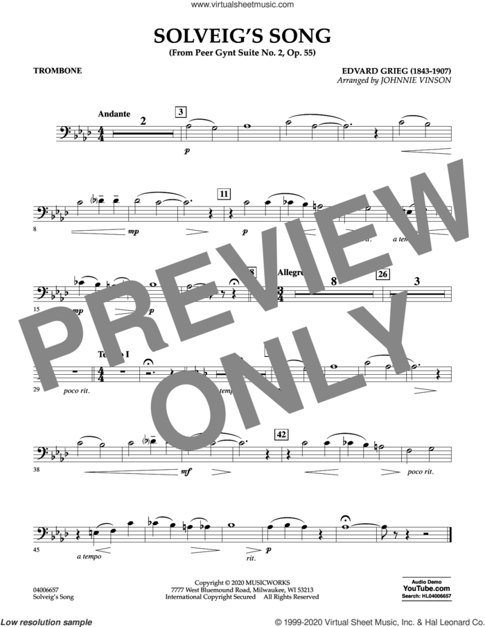 Solveig's Song (from Peer Gynt Suite No. 2) (arr. Johnny Vinson) sheet music for concert band (trombone) by Edvard Grieg, Johnnie Vinson and Henrick Ibssen, intermediate skill level