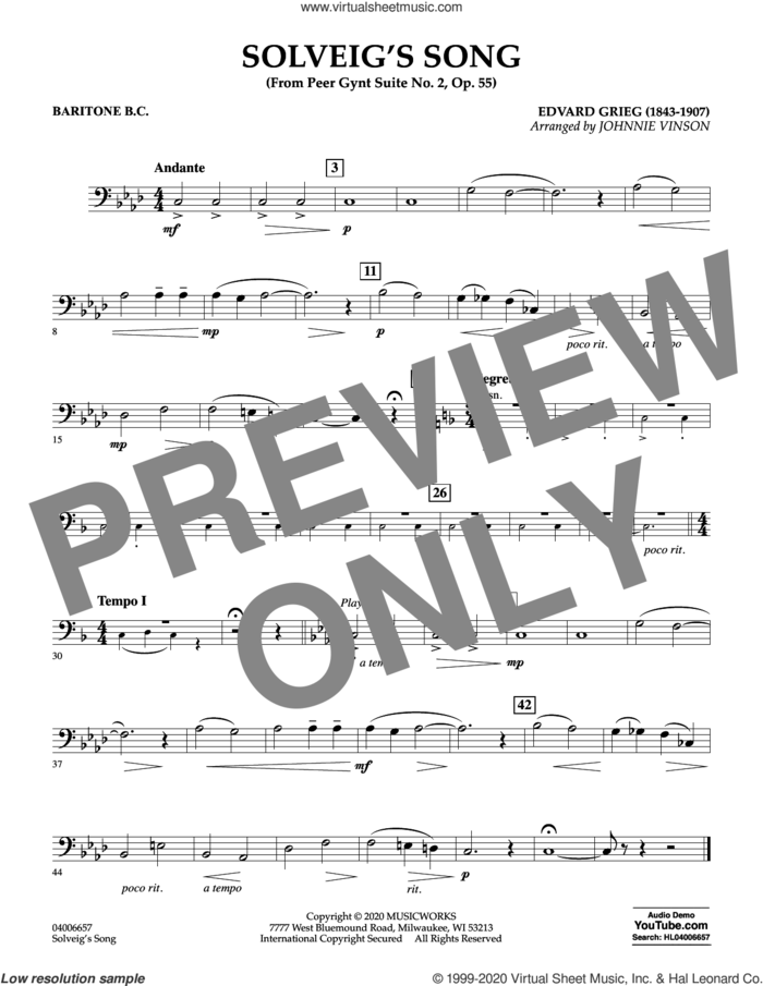 Solveig's Song (from Peer Gynt Suite No. 2) (arr. Johnny Vinson) sheet music for concert band (baritone b.c.) by Edvard Grieg, Johnnie Vinson and Henrick Ibssen, intermediate skill level
