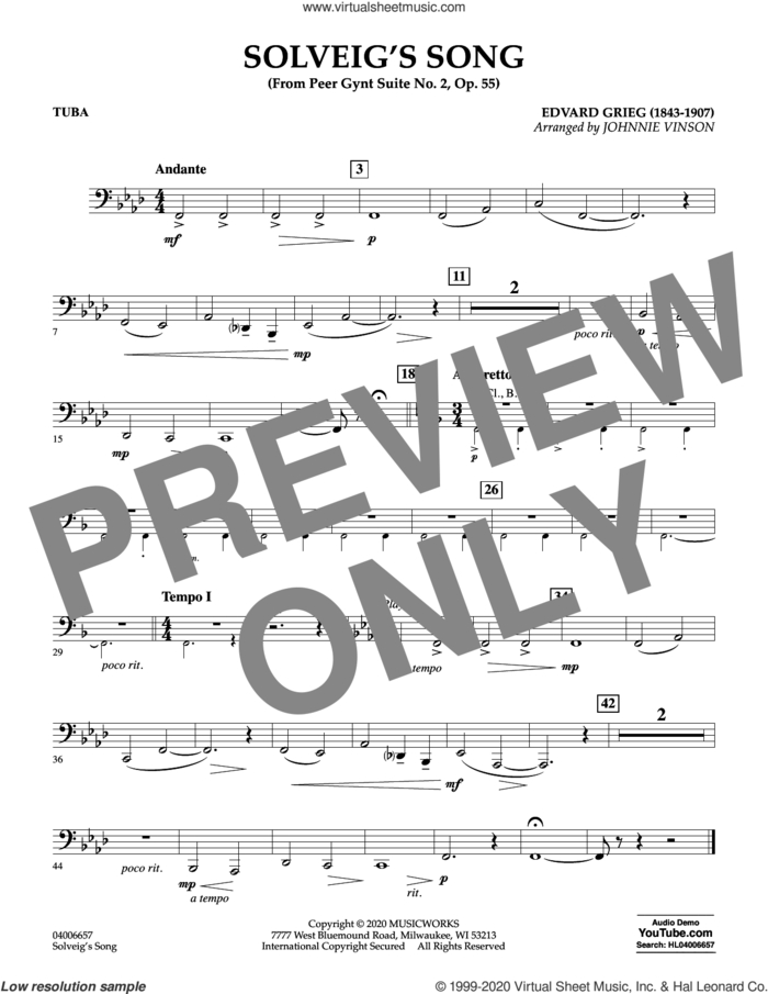 Solveig's Song (from Peer Gynt Suite No. 2) (arr. Johnny Vinson) sheet music for concert band (tuba) by Edvard Grieg, Johnnie Vinson and Henrick Ibssen, intermediate skill level