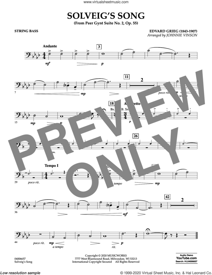 Solveig's Song (from Peer Gynt Suite No. 2) (arr. Johnny Vinson) sheet music for concert band (string bass) by Edvard Grieg, Johnnie Vinson and Henrick Ibssen, intermediate skill level