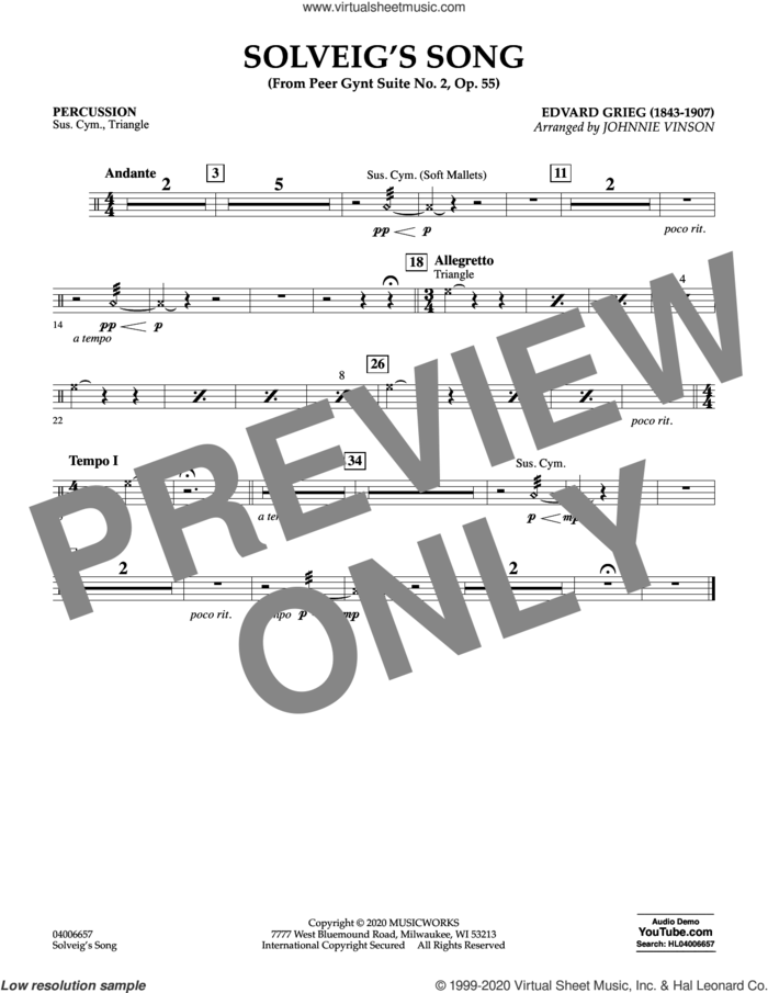 Solveig's Song (from Peer Gynt Suite No. 2) (arr. Johnny Vinson) sheet music for concert band (percussion) by Edvard Grieg, Johnnie Vinson and Henrick Ibssen, intermediate skill level