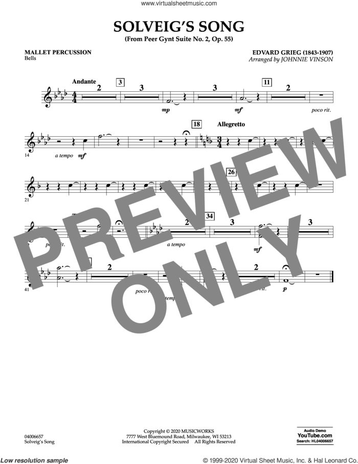Solveig's Song (from Peer Gynt Suite No. 2) (arr. Johnny Vinson) sheet music for concert band (mallet percussion) by Edvard Grieg, Johnnie Vinson and Henrick Ibssen, intermediate skill level