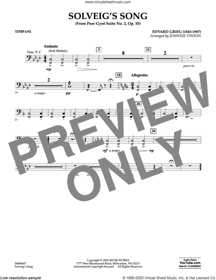 Solveig's Song (from Peer Gynt Suite No. 2) (arr. Johnny Vinson) sheet music for concert band (timpani) by Edvard Grieg, Johnnie Vinson and Henrick Ibssen, intermediate skill level