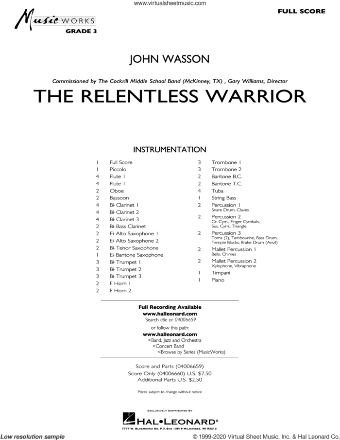 The Relentless Warrior (COMPLETE) sheet music for concert band by John Wasson, intermediate skill level