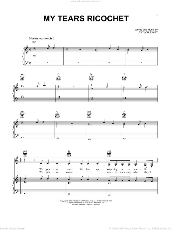 my tears ricochet sheet music for voice, piano or guitar by Taylor Swift, intermediate skill level