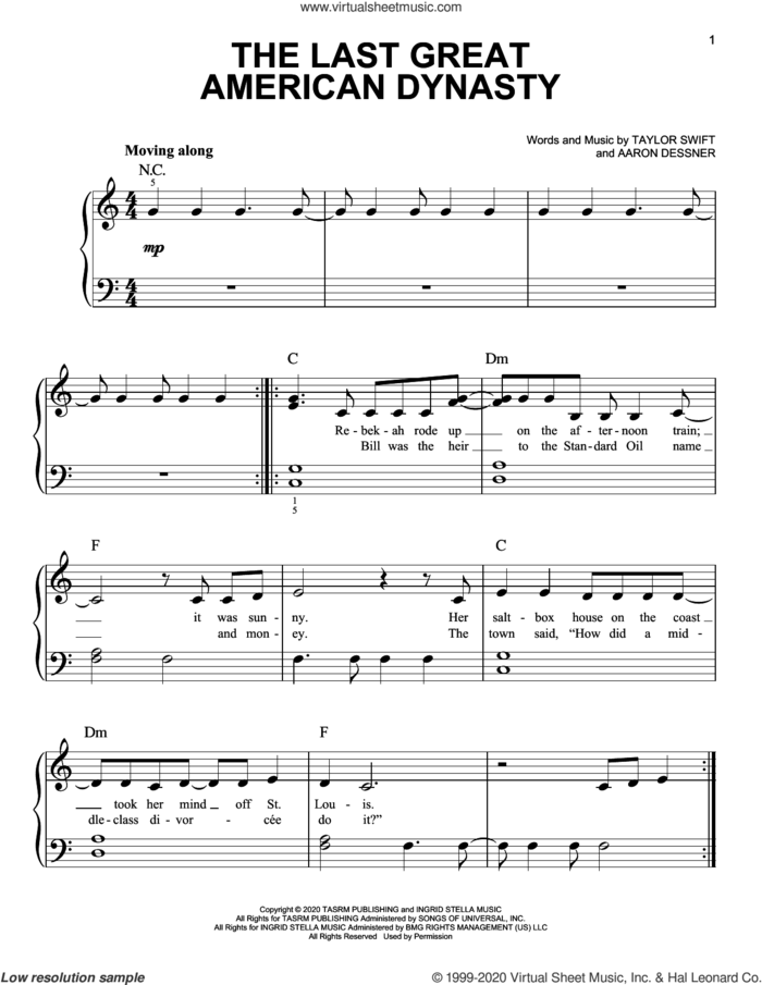 the last great american dynasty sheet music for piano solo by Taylor Swift and Aaron Dessner, easy skill level