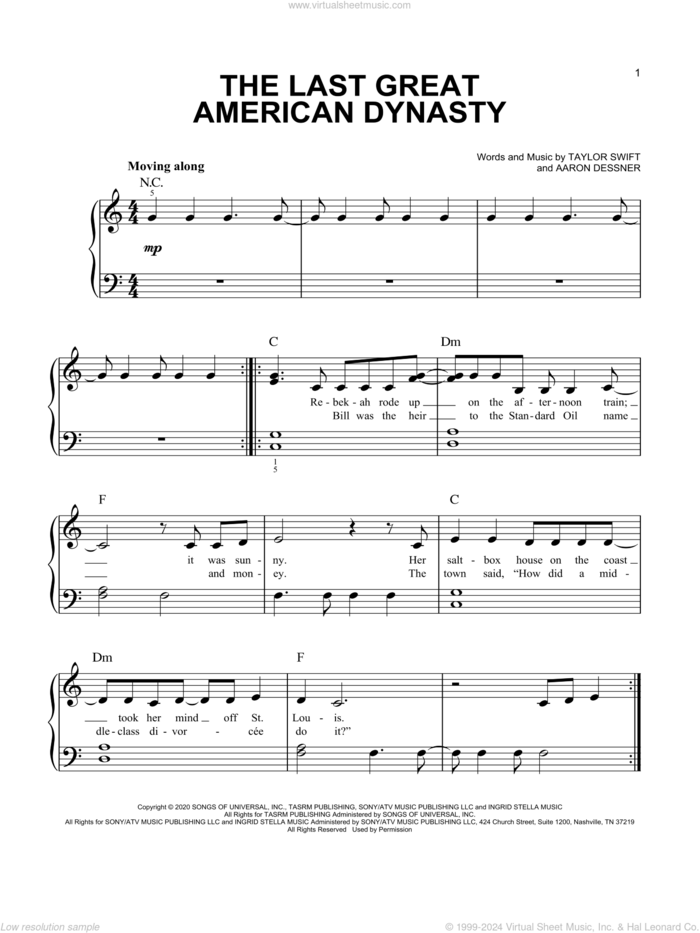 the last great american dynasty sheet music for piano solo by Taylor Swift and Aaron Dessner, easy skill level