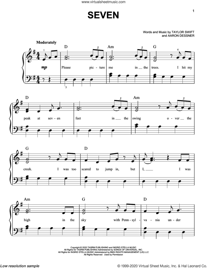seven sheet music for piano solo by Taylor Swift and Aaron Dessner, easy skill level