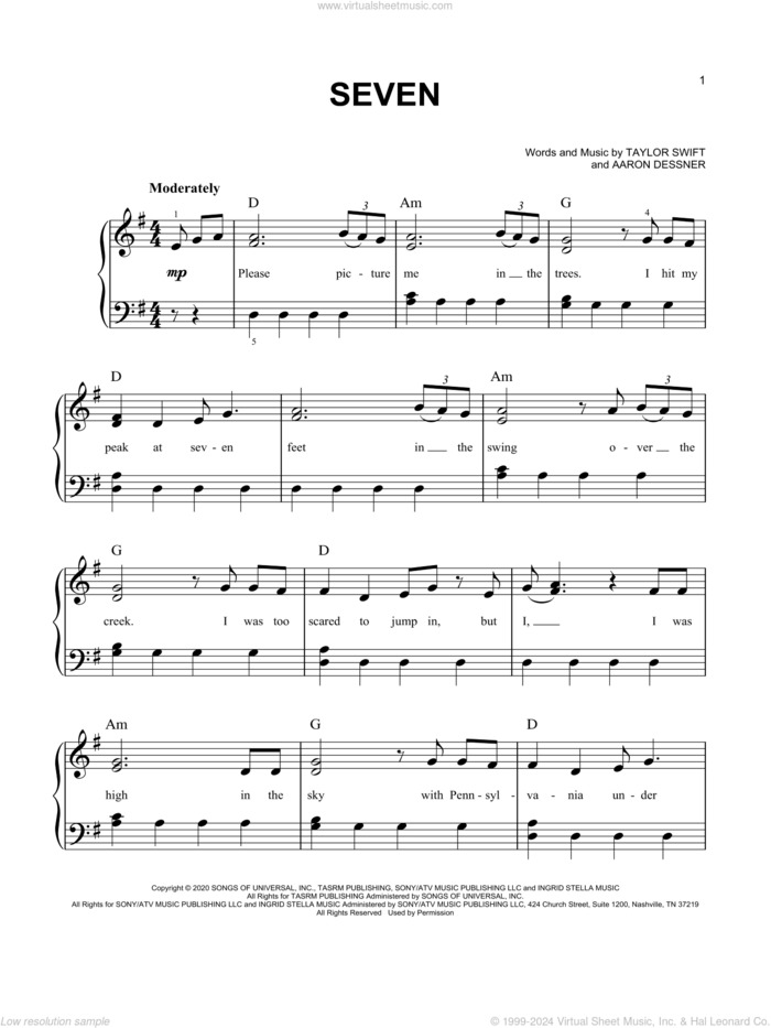 seven sheet music for piano solo by Taylor Swift and Aaron Dessner, easy skill level