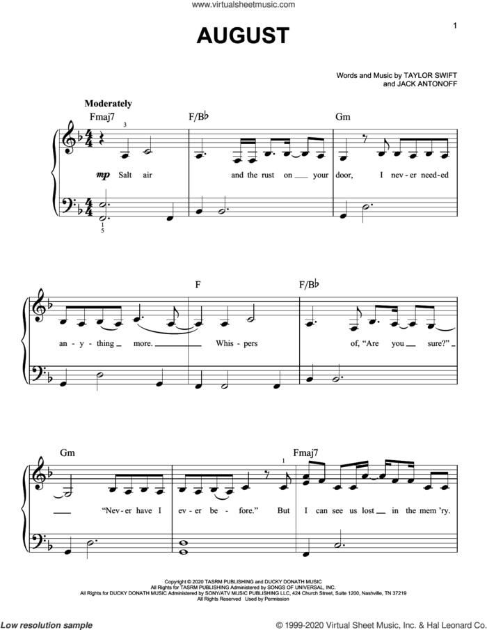 august sheet music for piano solo by Taylor Swift and Jack Antonoff, easy skill level