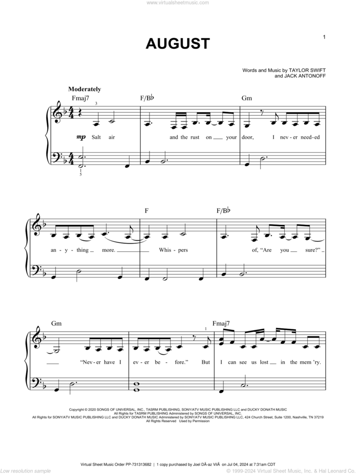 august sheet music for piano solo by Taylor Swift and Jack Antonoff, easy skill level